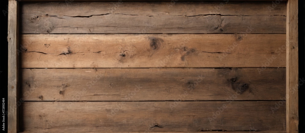 Fototapeta premium Closeup of weathered wooden panel with horizontal planks in warm earthy tones, showcasing visible cracks and knots.
