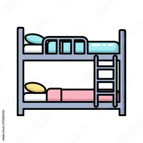 Cartoonstyle blue metal bunk bed with ladder, showing top and bottom bunk with bedding and pillows