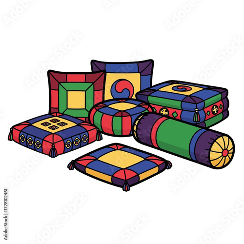 Collection colorful korean traditional cushions and pillows with intricate patterns and tassels