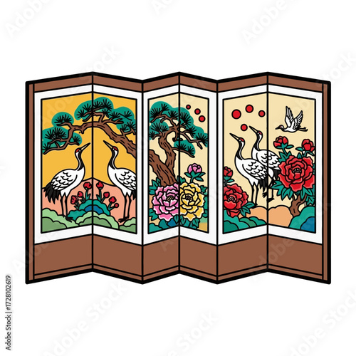 Folding screen with traditional korean painting cranes, pine trees, and flowers, on