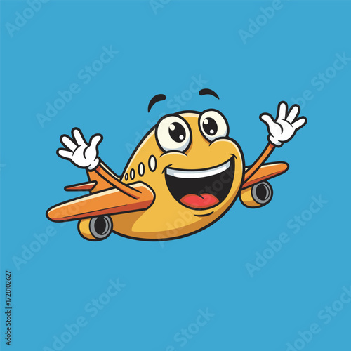 Excited yellow-orange cartoon airplane with smiling face and raised gloved hands flying in a blue sky.