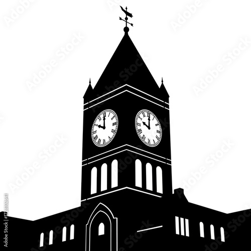 Silhouette historic clock tower with two large clock faces, architectural details, and weather vane, symbolizing time and landmarks
