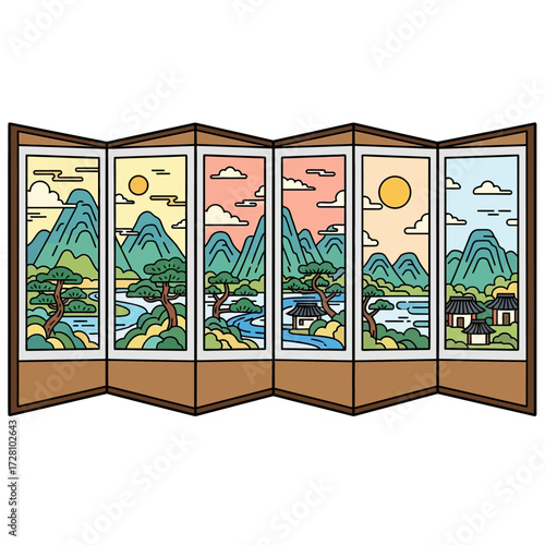 Traditional folding screen depicting serene landscape with mountains, rivers, trees, and houses, showcasing east asian and scenic beauty