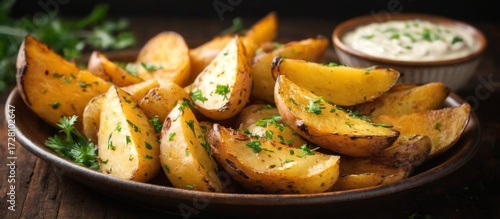 Golden brown roasted potatoes with creamy dip on wooden table, garnished with herbs and spices.