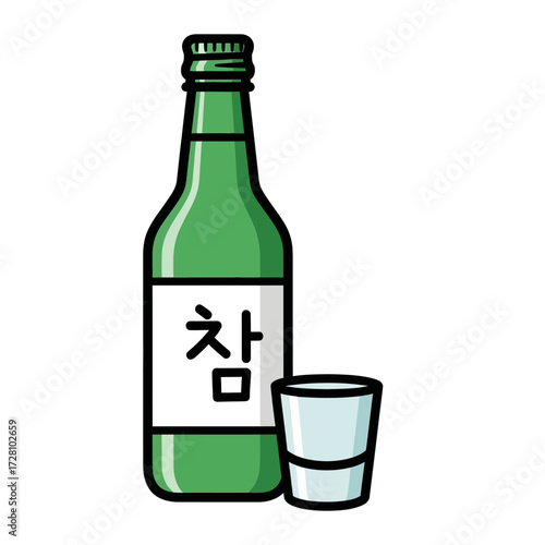 Green bottle soju with shot glass