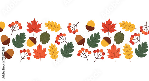 A seamless horizontal border pattern featuring colorful autumn leaves, acorns, berries, and cones on a white background.