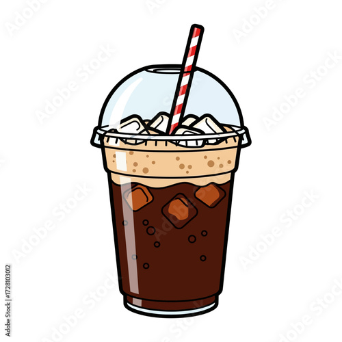 Refreshing iced coffee drink in clear plastic cup with dome lid and red and striped straw, filled with ice cubes and dark coffee, isolated on