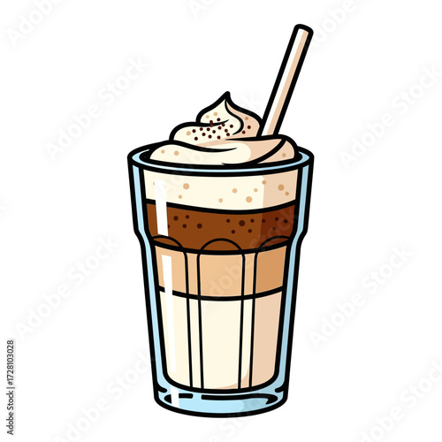 Cartoon tall glass filled with layered iced coffee drink topped with whipped cream and straw