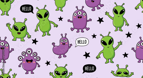 Cute cartoon alien seamless pattern with green and purple characters and black stars on a light purple background, some with 'HELLO' speech bubbles.