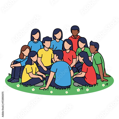 Diverse group people sitting together in circle on green grass, engaged in conversation and community, representing teamwork, collaboration, and social interaction