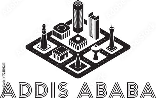 Addis Ababa city isometric map silhouette with famous landmark buildings