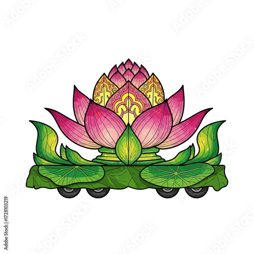 Colorful lotus flower on wheeled platform adorned with green leaves, isolated on