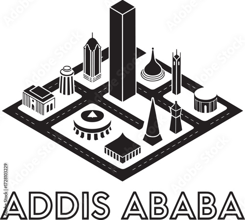Addis Ababa city isometric map silhouette with famous landmark buildings