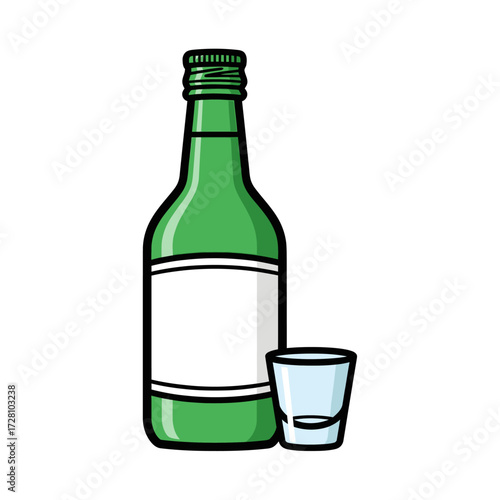 Green bottle soju with shot glass