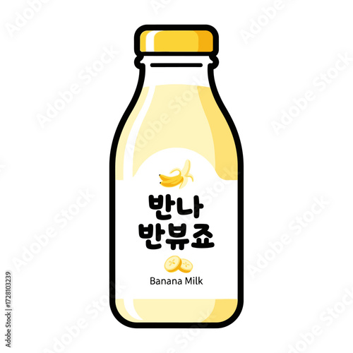 Cartoon bottle banana milk with yellow cap and label, isolated on the label features korean text and images bananas, indicating sweet and fruity beverage
