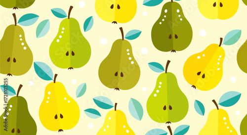 A seamless pattern of stylized pears in various shades of green and yellow, set against a light yellow background with subtle polka dots and teal leaves.