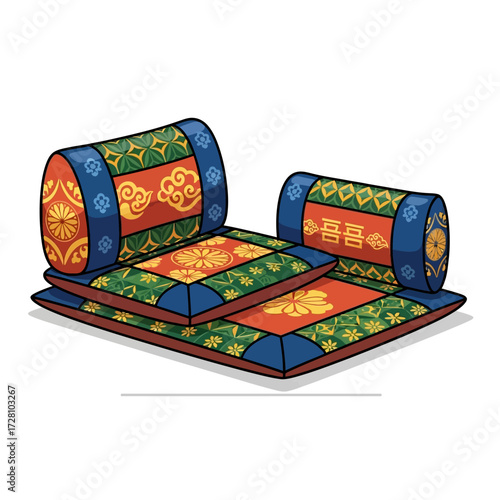 Traditional korean floor cushions and bolster pillows with intricate floral and cloud patterns in vibrant colors, arranged on mat, evoking comfort and cultural heritage