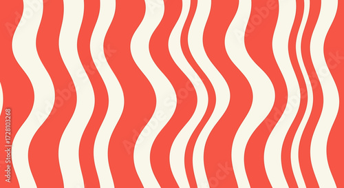 Abstract pattern featuring wavy vertical stripes in alternating coral red and off-white colors, creating a dynamic and retro visual effect.