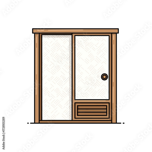 Simple flat wooden sliding door with translucent screen and small vent at the bottom