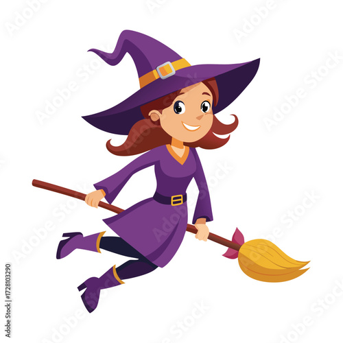 Halloween witch flying on broom cartoon illustration