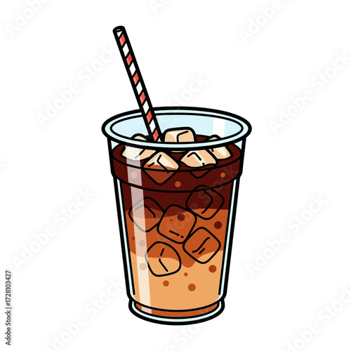 Refreshing iced coffee in clear plastic cup with straw and ice cubes, isolated on, perfect for summer drinks and cafe menus