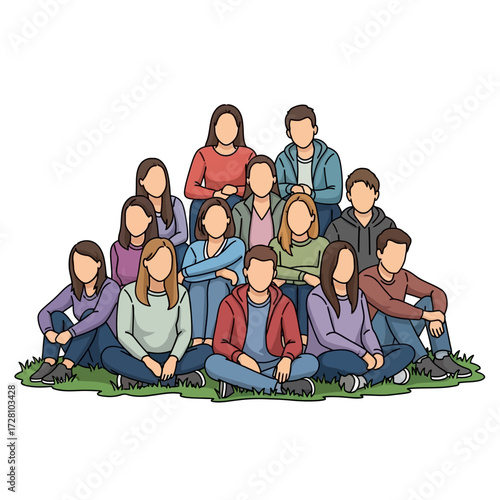 Large group people, men and women various ages, sitting closely together in pyramid formation on the grass, conveying sense unity and shared experience