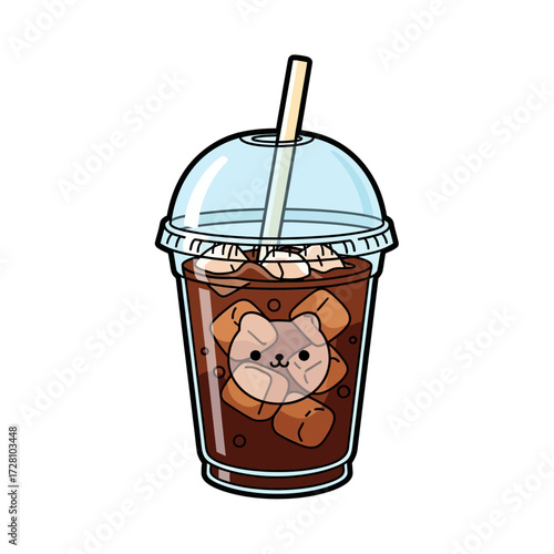 Cute kawaii iced coffee with charming bear face inside the cup, served in clear plastic cup with dome lid and straw, isolated on