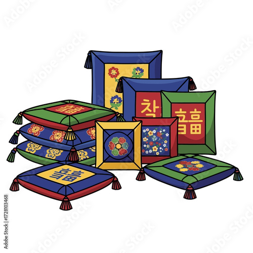 Collection colorful korean traditional cushions with intricate patterns and tassels, isolated on