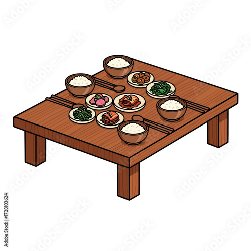 Handdrawn traditional korean meal set on low wooden table, featuring rice bowls, soup, and various side dishes