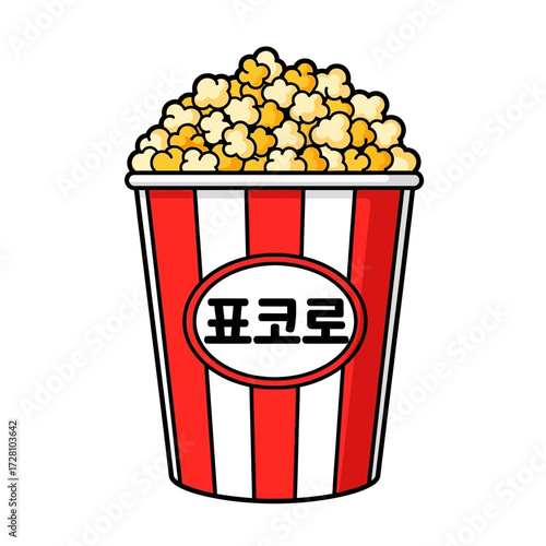 Cartoon bucket popcorn with red and stripes, isolated on