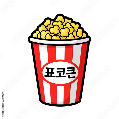 Cartoon bucket popcorn with red and stripes, isolated on