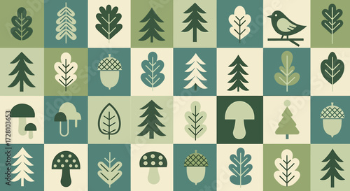 A geometric pattern of forest elements including trees, leaves, mushrooms, and a bird in a muted green color palette.