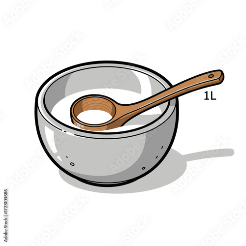 Simple metal bowl filled with liquid, with wooden spoon resting inside, indicating measurement or ingredient
