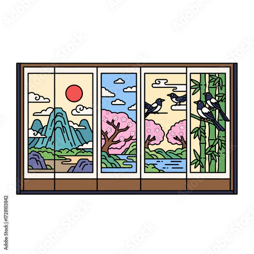 Traditional korean folding screen depicting serene landscape with mountains, red sun, cherry blossom trees, river, and magpies, all in vibrant, stylized