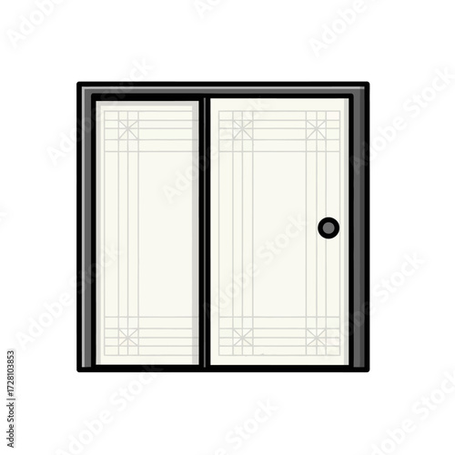 Simple sliding door with black frame and translucent panels, featuring minimalist design with subtle grid patterns