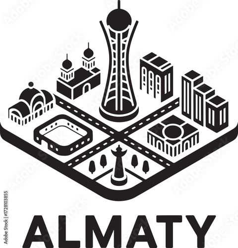 Almaty City Isometric Map Icon, Kazakhstan Landmark Buildings Streets Infographic Vector