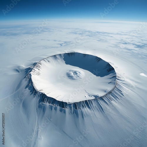Aerial view of a massive snow-covered volcanic crater surrounded by icy terrain and rugged winter landscape under a cold sky, creating a dramatic natural formation backdrop and breathtaking adventure 
