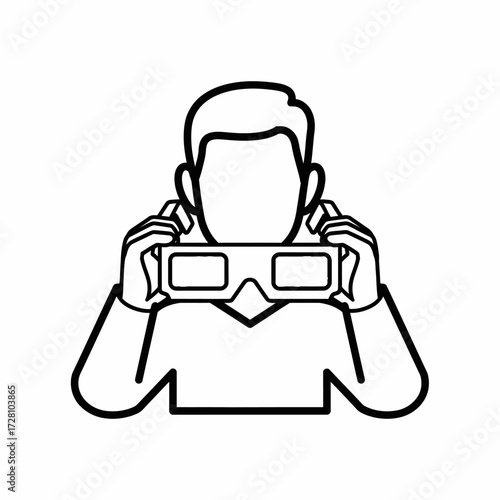 An outline persons head and shoulders wearing 3d glasses, holding them up to their eyes