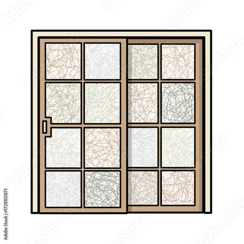 Sliding door with light brown frame and multiple panes frosted glass, each pane containing delicate, abstract weblike pattern