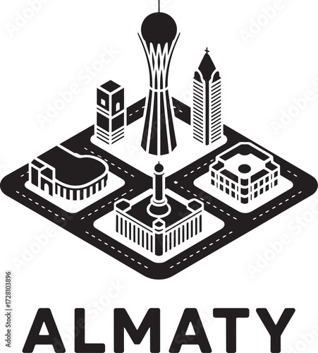 Almaty City Isometric Map Icon, Kazakhstan Landmark Buildings Streets Infographic Vector