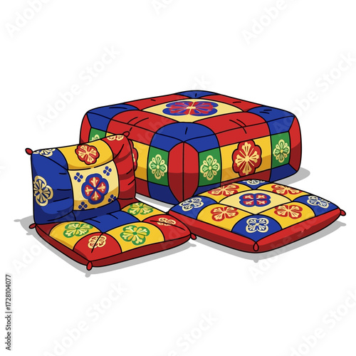 Collection colorful, patterned floor cushions and large ottoman, arranged together on, featuring traditional geometric design, evoking comfort and relaxation in living space