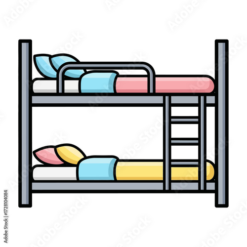 Colorful cartoon bunk bed with blue, pink, and yellow bedding, featuring metal frame and ladder, isolated on