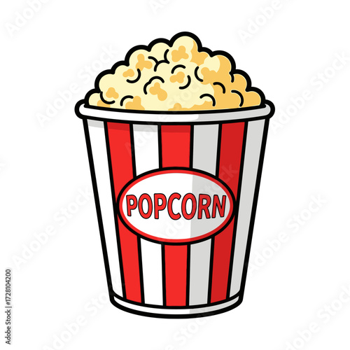 Red and striped bucket filled with popcorn, with the word popcorn on label, isolated on, representing snacks and movies