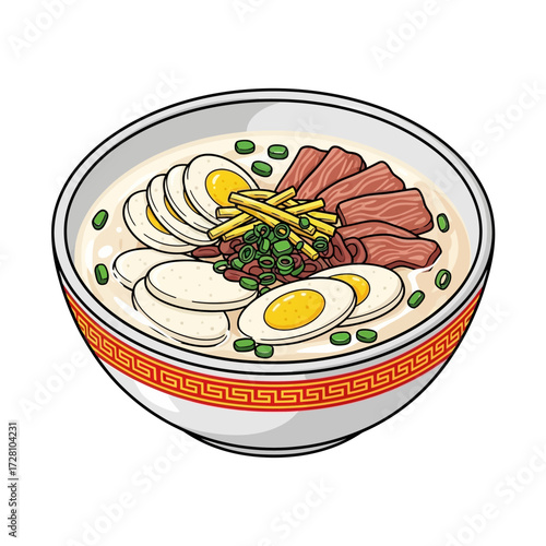 Delicious bowl ramen noodle soup with sliced eggs, meat, and green onions