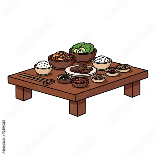 Traditional korean meal served on low wooden table, featuring various dishes in bowls, including rice, kimchi, and meat, accompanied by chopsticks