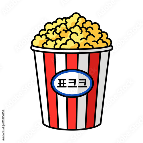 Closeup bucket popcorn, with the word popcorn written in korean on the front, perfect for movie nights or snacks