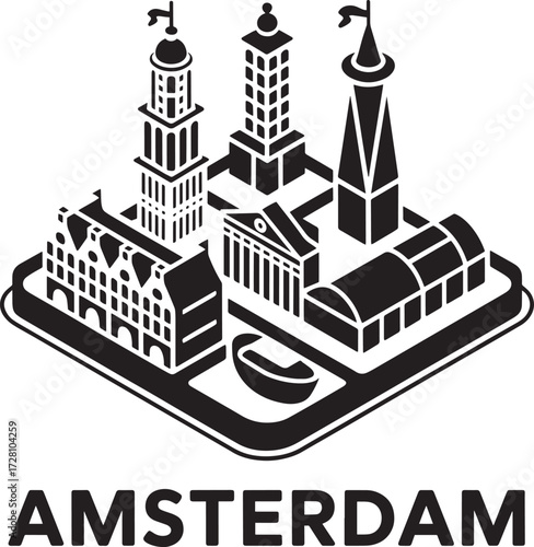 Amsterdam city vector icon illustration, famous landmarks skyline in isometric view