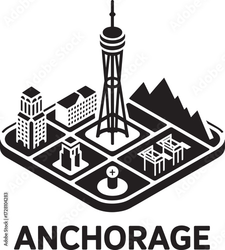 Anchorage city isometric map Alaska United States of America travel landmark building icon