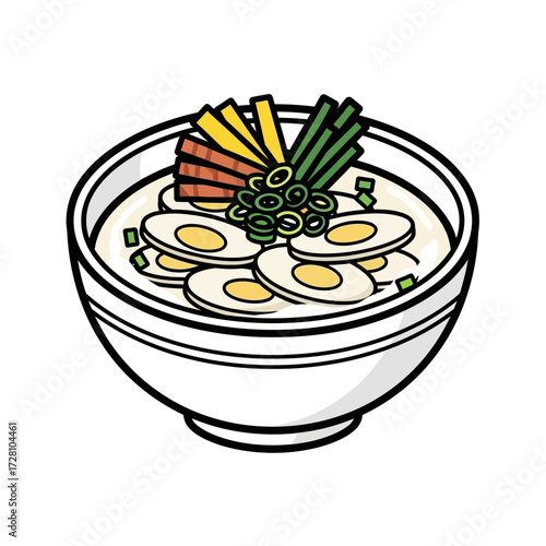 Delicious bowl ramen soup, featuring sliced boiled eggs, green onions, and colorful shredded vegetables, presented in simple bowl