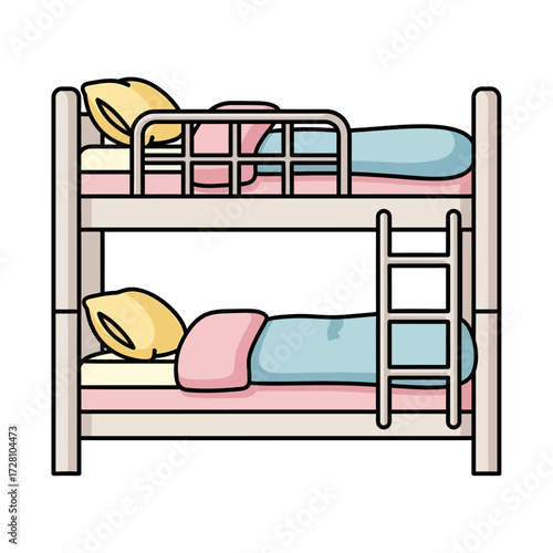 Cartoon bunk bed with two beds, pillows, and blankets, isolated on
